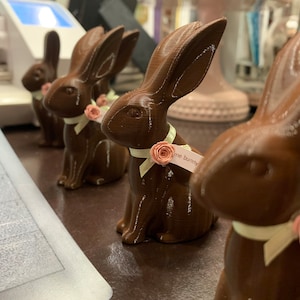 Puede incluir: Cuatro figuritas de conejito de color marrón chocolate con cintas blancas y detalles de flores rosas. El conejito en primer plano tiene una etiqueta que dice "me bunny".