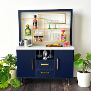 Navy Mid-Century Modern Miniature Bar - Navy with Gold Hardware, 1/6 scale, Miniverse compatible, Dollhouse Diorama,