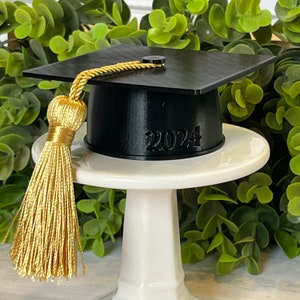 May include: A black graduation cap with a gold tassel and the year "2024" on the side. The cap sits on a white pedestal, with green foliage in the background. The tassel is gold and hangs down from the top of the cap.
