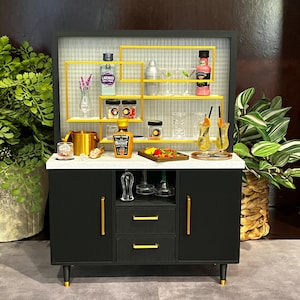 Black Mid-Century Modern Miniature Bar - Black with Gold Hardware, 1/6 scale, Miniverse compatible,  Dollhouse Diorama,
