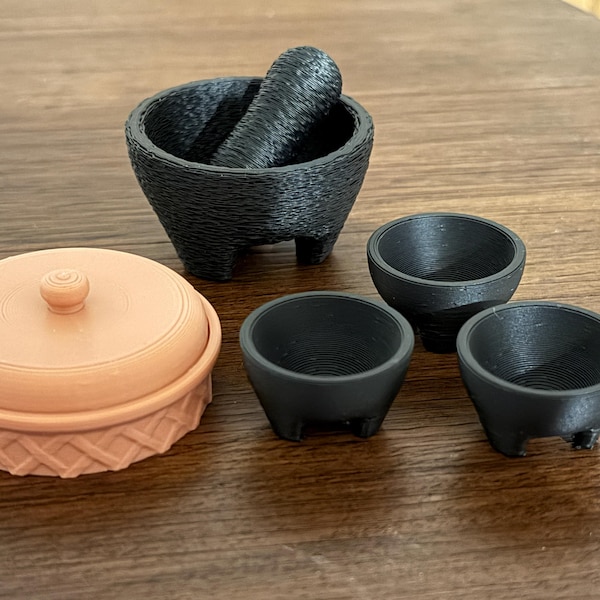 1:6 Scale Miniature Fiesta Bundle – Molcajete, Salsa Bowls, Tortilla Warmer