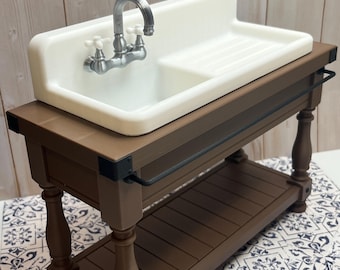 1/6 Scale Farmhouse Sink with Drainboard – Deep Basin, Moving Faucet and Handles