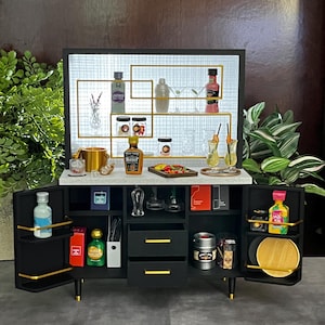 Black Mid-century Modern Miniature Bar - Black With Gold Hardware, 1/6 ...