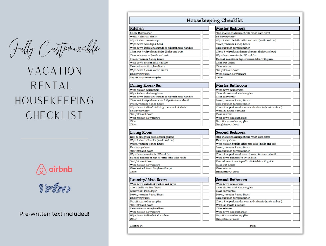 Houseman Checklist.pdf Digital Downloadable Airbnb/vrbo Housekeeping Checklist - Printable ...
