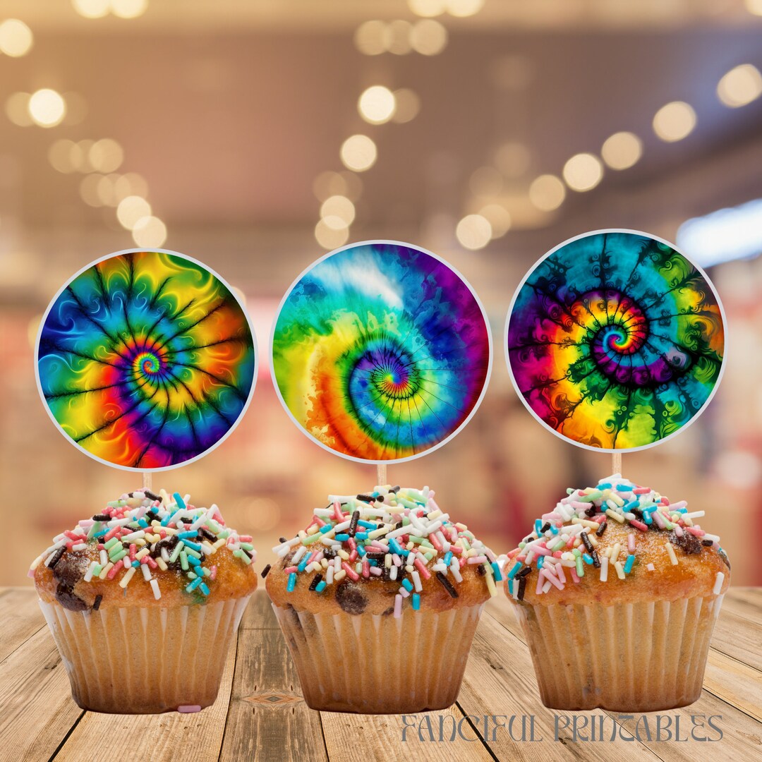 TIE DYE Cupcake Toppers, Favor Tags, Tie Dye Birthday Party Decoration
