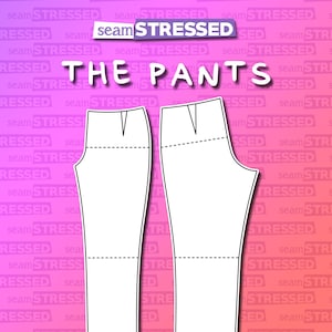 Op de afbeelding: Een basispatroon voor broeken, met twee delen, voor- en achterkant, op een roze achtergrond met de tekst "THE PANTS" en "BASIC PATTERN BLOCK" in wit. De tekst "SIZES: EU 44-50 / US 12-18 / UK 14-20 (A4)" is ook inbegrepen.