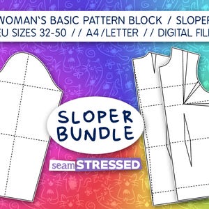 Puede incluir: Un patrón de costura digital para un bloque base, que muestra el contorno de una manga y un corpiño con pinzas. El texto dice: WOMAN'S BASIC PATTERN BLOCK / SLOPER EU SIZES 32-50 // A4/LETTER // DIGITAL FILE, SLOPER BUNDLE y seamSTRESSED.