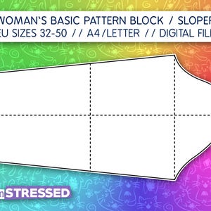 Può includere: Un cartamodello bianco per una manica con linee interne tratteggiate, su uno sfondo arcobaleno con contorni di gatti. Il testo recita: WOMAN'S BASIC PATTERN BLOCK / SLOPER EU SIZES 32-50 // A4/LETTER // DIGITAL FILE e seamSTRESSED.