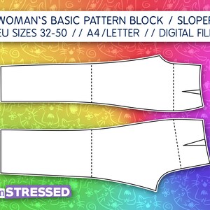 Può includere: Un cartamodello digitale per un blocco base di pantaloni o sloper, con due pezzi bianchi su uno sfondo arcobaleno con motivo a gatti. Il testo recita: WOMAN'S BASIC PATTERN BLOCK / SLOPER EU SIZES 32-50 // A4/LETTER // DIGITAL FILE e seamSTRESSED.