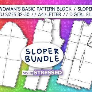 Puede incluir: Un paquete de patrones de costura digitales que incluye un bloque de patrón básico o sloper para tallas UE 32-50. Los patrones de papel blanco incluyen una manga, pantalones y piezas de corpiño con pinzas y líneas de construcción. Texto: WOMAN'S BASIC PATTERN BLOCK / SLOPER EU SIZES 32-50 // A4/LETTER // DIGITAL FILE, SLOPER BUNDLE y seamSTRESSED.