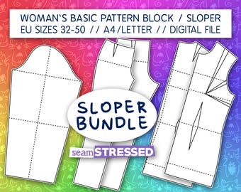 Women’s Basic Sloper Bundle PDF, Bodice Sleeve & Pants Blocks EU 32–50
