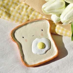 Fried Egg Bread Clay Tray - Ceramic Bread Tray, Toast Plate Ring Dish , Clay Jewelry Holder