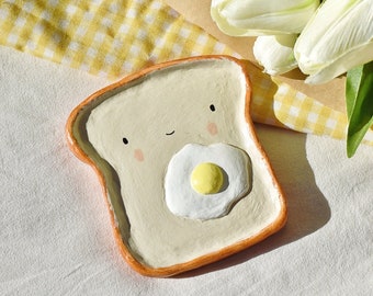 Fried Egg Bread Clay Tray - Ceramic Bread Tray, Toast Plate Ring Dish , Clay Jewelry Holder
