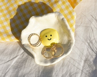 Egg ceramic dish - Clay ring dish egg plate , Jewelry trinket tray bowl , Sunny side up ring holder