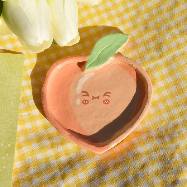 Hand painted Ceramic Peach Dish Plate , Clay Ring Dish , Jewelry trinket tray bowl , ring holder