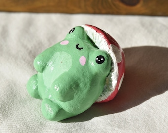 Handmade Clay Frog Figurine: Mushroom Decor, Tiny Froggy Stand