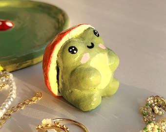Handmade Clay Frog Figurine: Mushroom Ceramic Sculpture