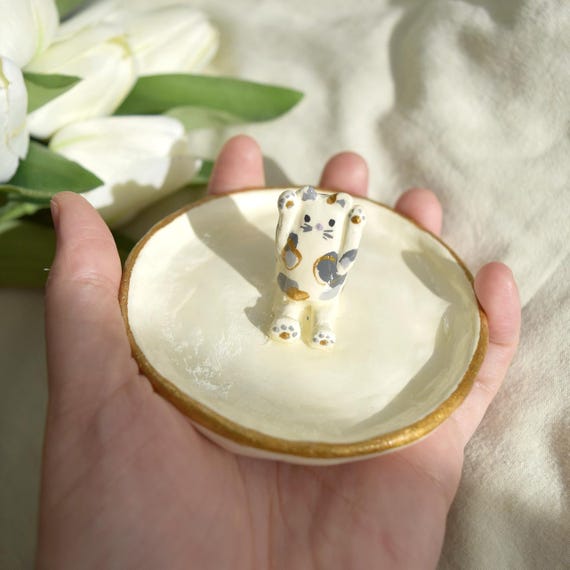 GORGECRAFT Ringhalter Katze Mit Schwanz - Keramik Schmucktablett Gold