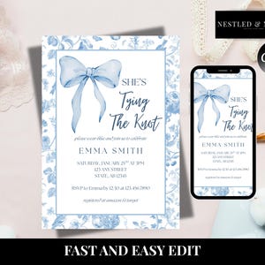 Chinoiserie tying the knot, invitation, blue and white floral, bridal shower or rehearsal dinner, editable, Canva template, digital download