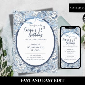 Chinoiserie birthday invitation, blue and white floral party invite, elegant adult birthday, editable, Canva template, digital download