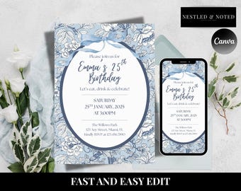 Op de afbeelding: Een verjaardagsuitnodiging met een blauw bloemenpatroon. De uitnodiging bevat de tekst "Emma's 25th Birthday" en evenementdetails. Een smartphone toont de uitnodiging. De woorden "Fast and Easy Edit" staan onderaan.