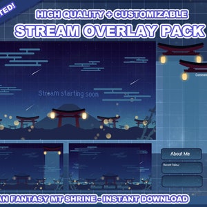 May include: Animated stream overlay pack with a Japanese fantasy theme. The overlay features a night sky with a mountain, red torii gates, and glowing lanterns. The text "Stream starting soon" is displayed on the overlay. The overlay also includes sections for comments and about me.
