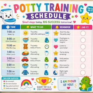 Puede incluir: Una tabla colorida de entrenamiento para ir al baño con una cuadrícula de horarios, tareas diarias, recordatorios y una columna de verificación. El diseño incluye ilustraciones de dibujos animados de un inodoro, estrellas, un oso, un coche y un dinosaurio.