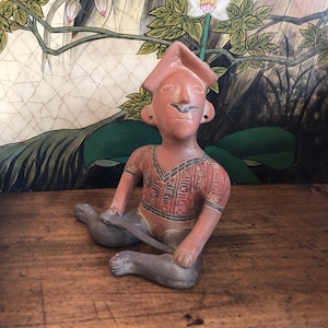Pre-Columbian Style | Terra Cotta  | Sculpture |  Sitting Man | Statue | Garden | Pottery