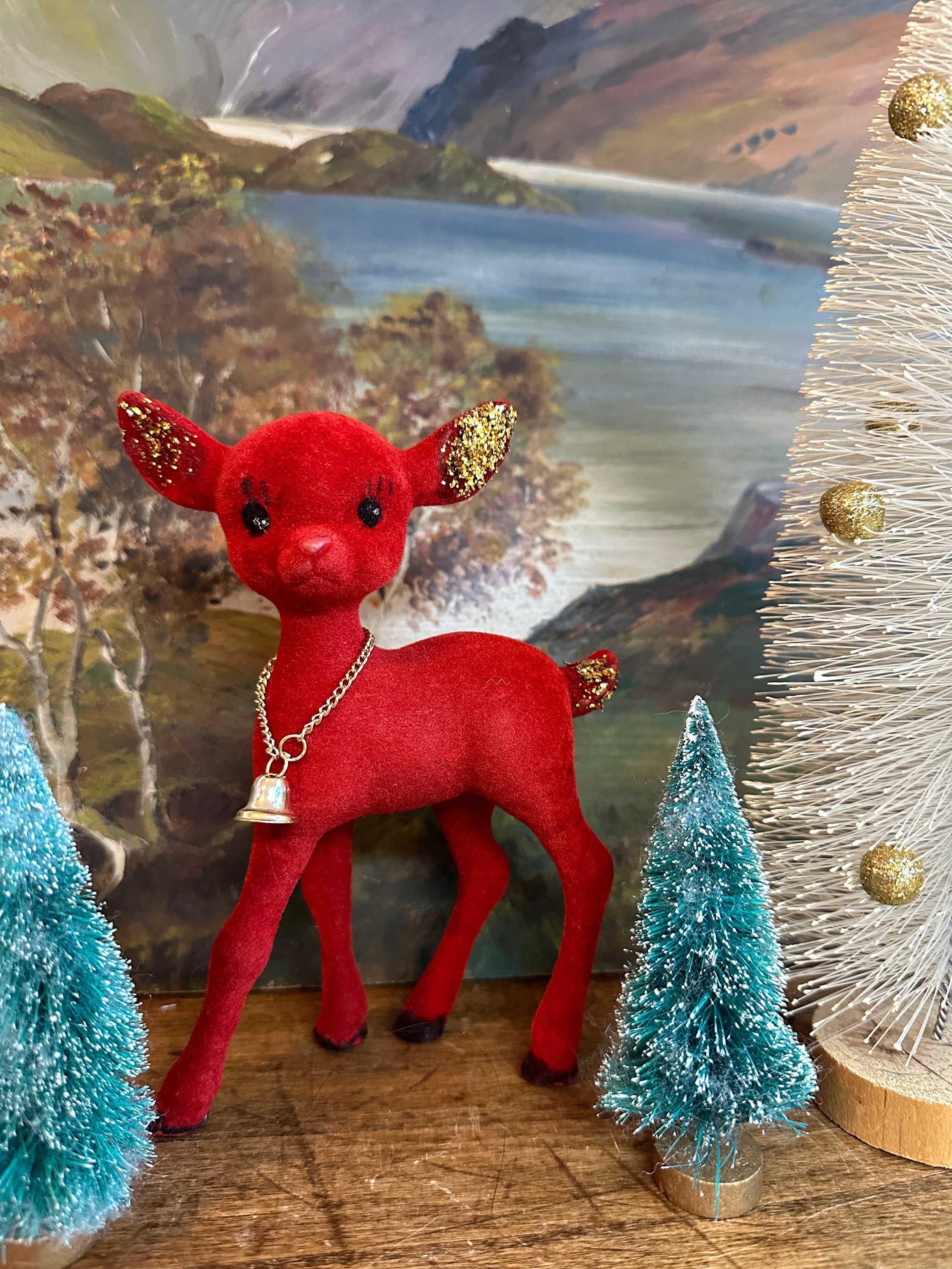 Flocked | Red | Baby | Reindeer | Gold Glitter | Jingle Bells | MCM | Christmas Decor | Retro |