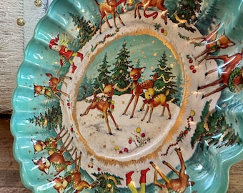 Vintage Molded Plastic | Ruffled Bowl | Winter Wonderland | Reindeer |  Elves | Blue Gold | Hostess Gift | Cookie Exchange | Serving Tray