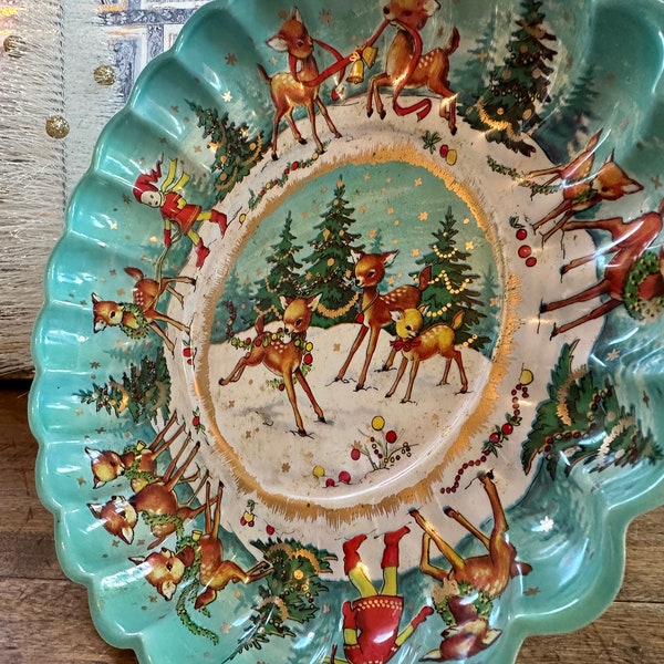Vintage Molded Plastic | Ruffled Bowl | Winter Wonderland | Reindeer |  Elves | Blue Gold | Hostess Gift | Cookie Exchange | Serving Tray