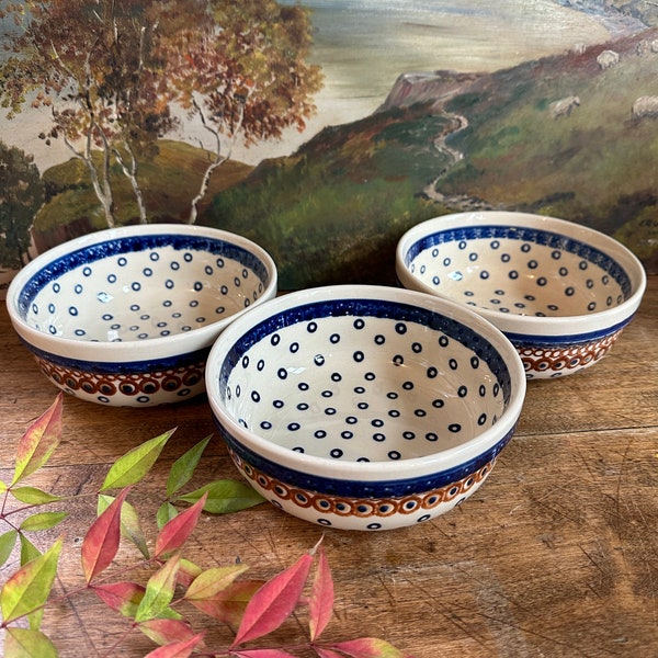 Polish Pottery | 6 Inch | Bowls | Brown and Blue | Dots | Cereal | Soup | European