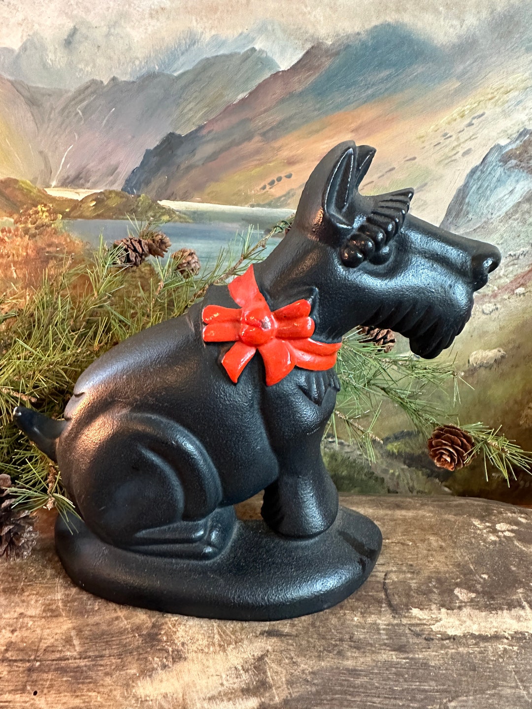 Wrought Iron Scotty Dog Doorstop Painted Red Bow Etsy