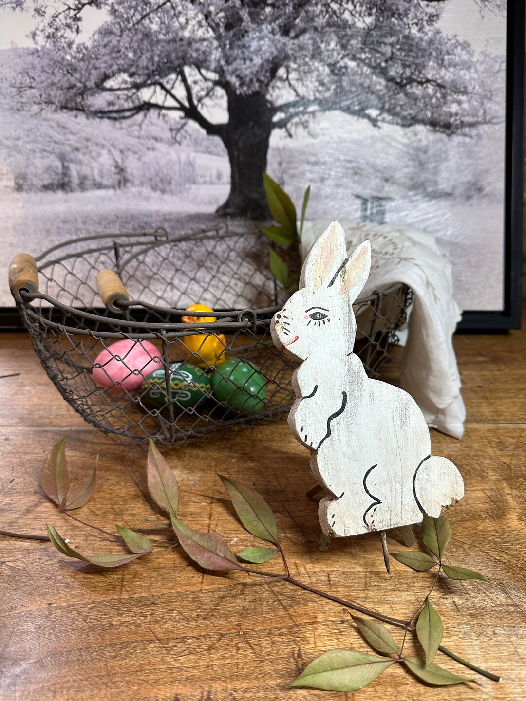 Rustic | Vintage | Wooden | Hand Painted | Bunny Rabbit | Stake | Folk ...