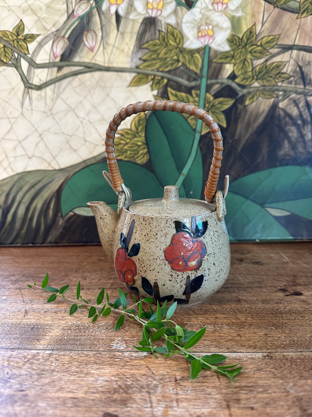 Japanese Teapot Wicker Handle Pottery Floral MCM Etsy