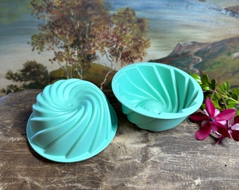 Vintage | Dessert Molds |  Jade Green | Swirled | Set of Two | Jello Mold | Vintage Kitchen | Storage