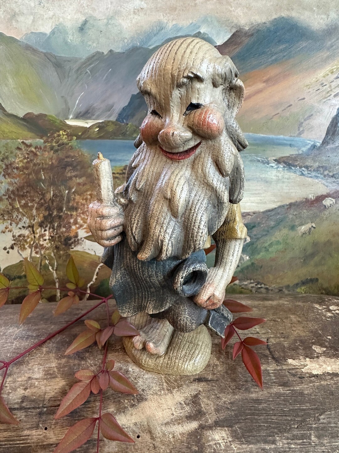 Carved Wood Vintage European Gnome Holding a Candle and a Key Etsy