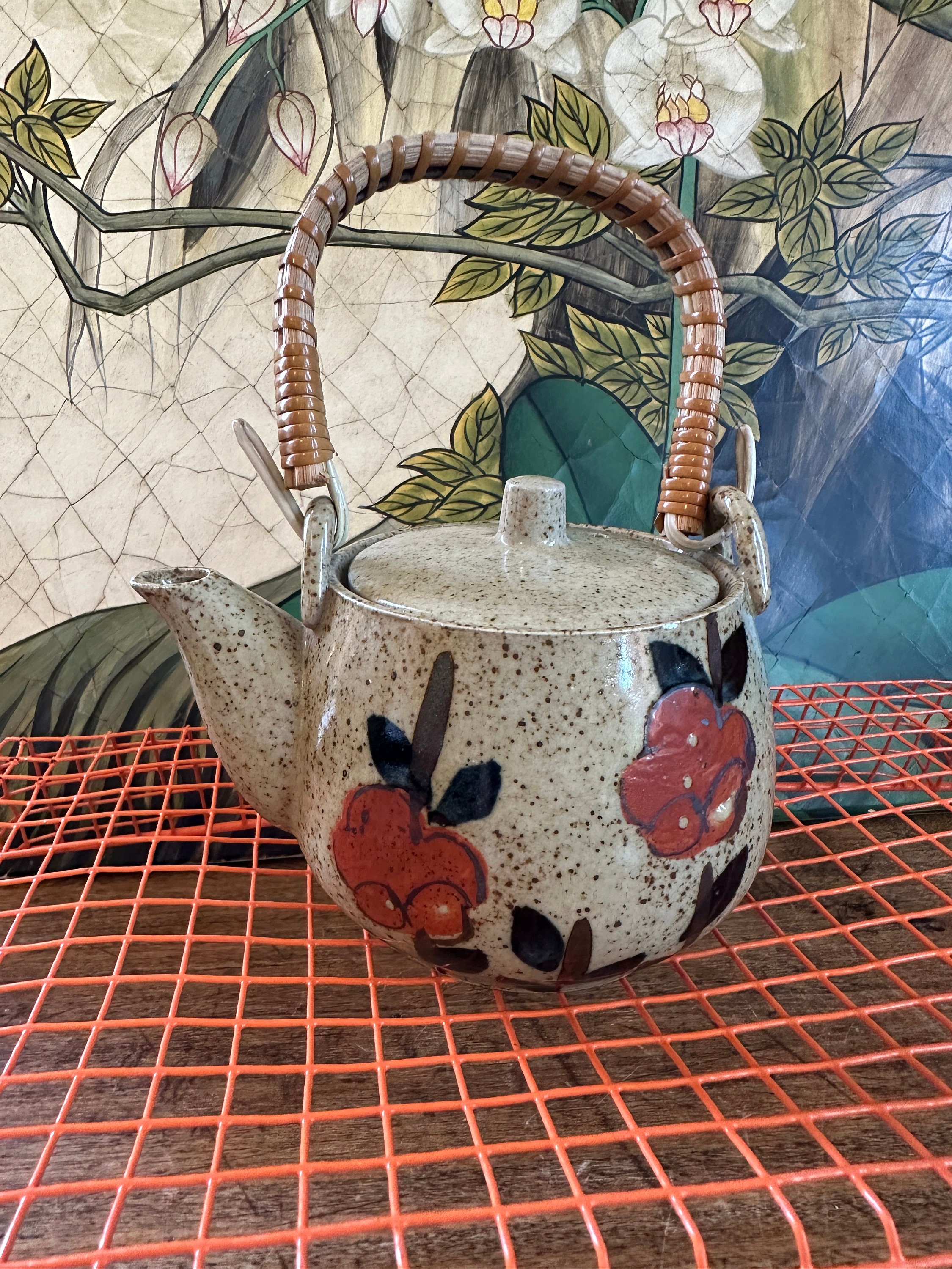 Japanese Teapot Wicker Handle Pottery Floral MCM Etsy