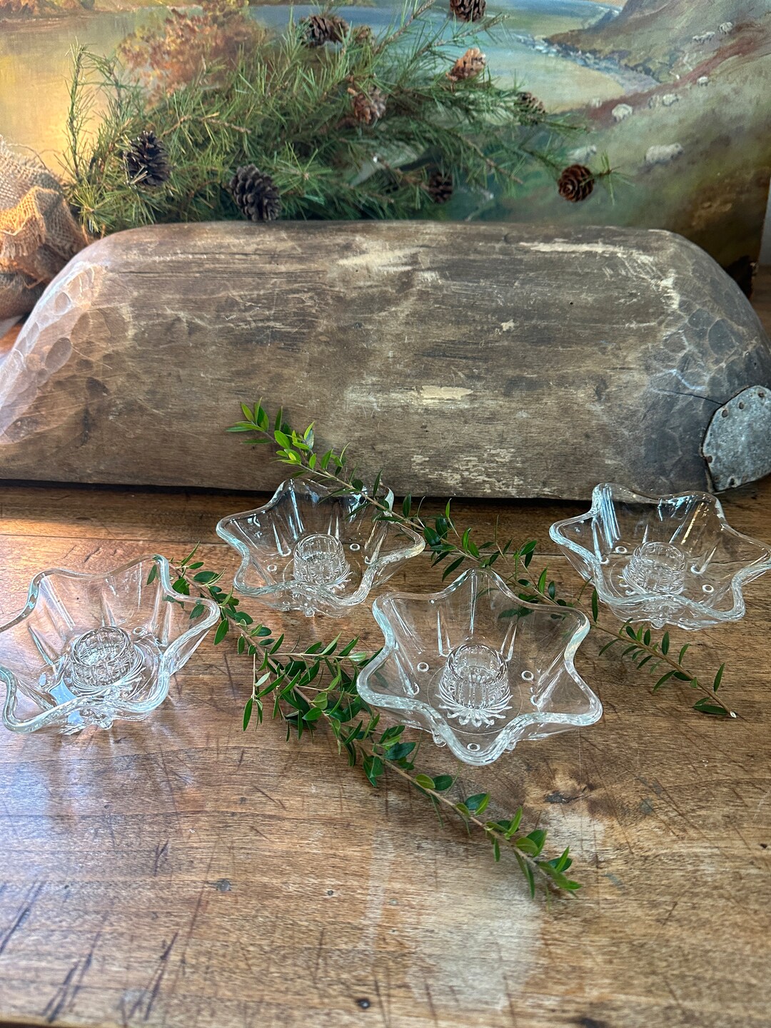 Pressed Glass Star Shaped Candle Holder Clear Glass Set of Four