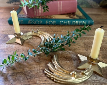 Italian | Shooting Star | Pair | Candlestick Holder | Gold | Plastic | Mid-Century Modern | Christmas | Floral Display |