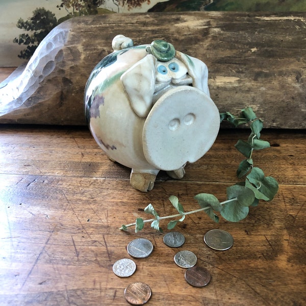 Hand-Thrown | Pottery | Cowboy Hat Wearing | Piggy Bank | Glazed | Hand Painted | Green and Purple |