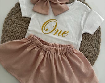 Girl's First Birthday Outfit, Pink Gold Cake Smash Romper, Photo Prop Set