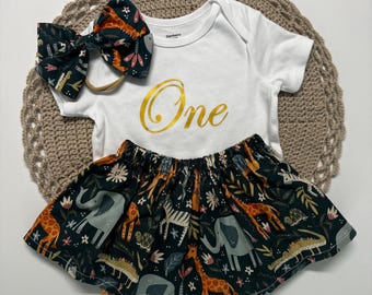 Safari First Birthday Outfit – Baby Girl Wild One Bodysuit & Skirt Set