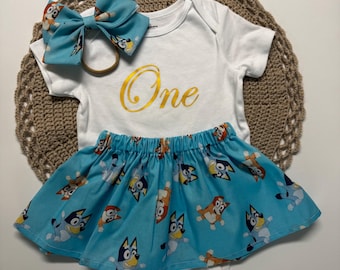 Birthday Outfit for Girls – Cute Blue Dog Skirt, Baby Bodysuit & Matching Bow – First Birthday Party Outfit