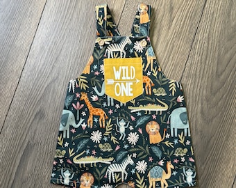 Wild One Safari Jungle Baby Romper, First Birthday Outfit, Lightweight Cotton Blend