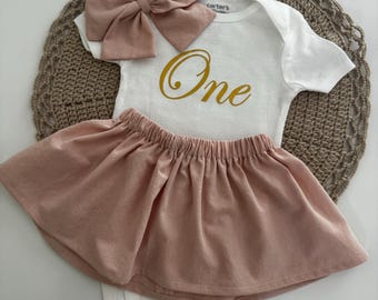 Girl's First Birthday Outfit, Pink Gold Cake Smash Romper, Photo Prop Set
