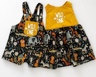Wild One Safari Baby Romper Dress: Jungle Animals First Birthday Outfit
