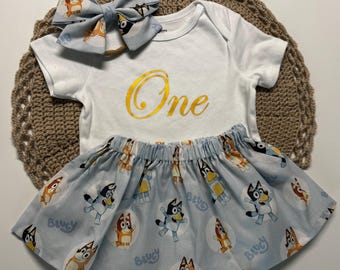Birthday Outfit for Girls – Cute Blue Dog Skirt, Baby Bodysuit & Matching Bow – First Birthday Party Outfit