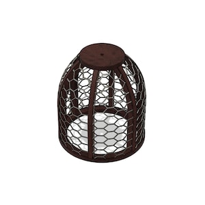 May include: A brown wooden lampshade with a wire mesh design. The lampshade is round and has a flat top.