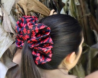 Layla; Black & Red Floral XXL Scrunchie; Satin